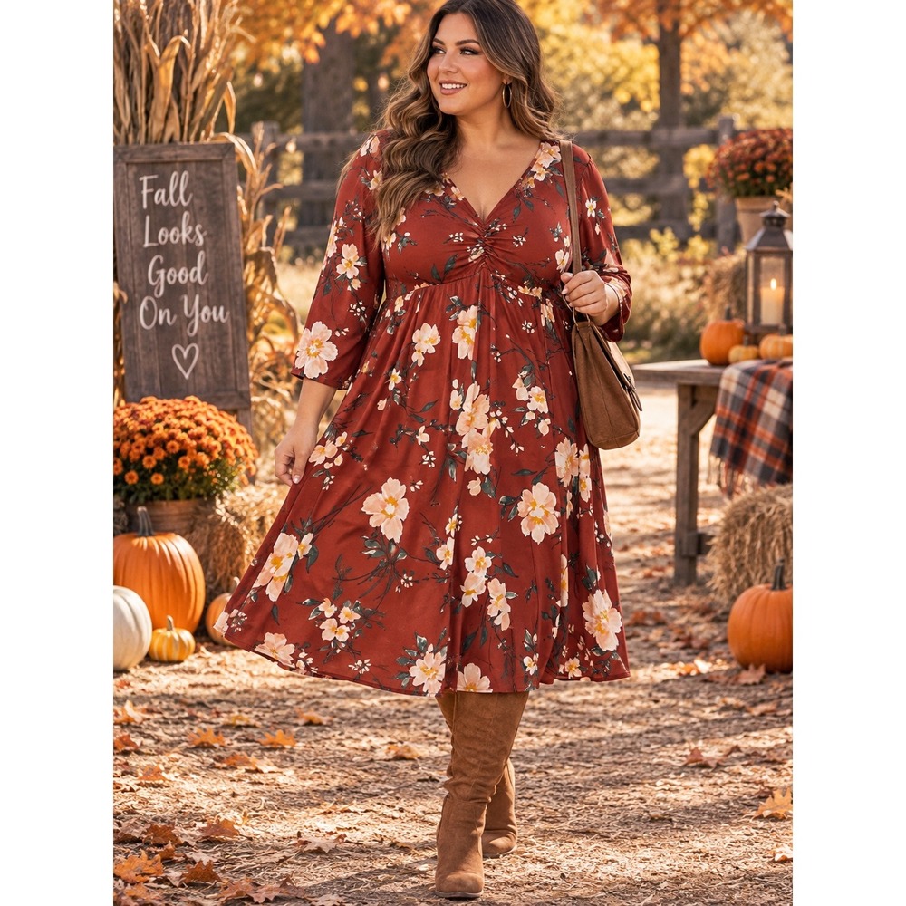 Torrid Rust Floral V-Neck Ruched Empire Waist Midi Dress Plus Size 3 3X
